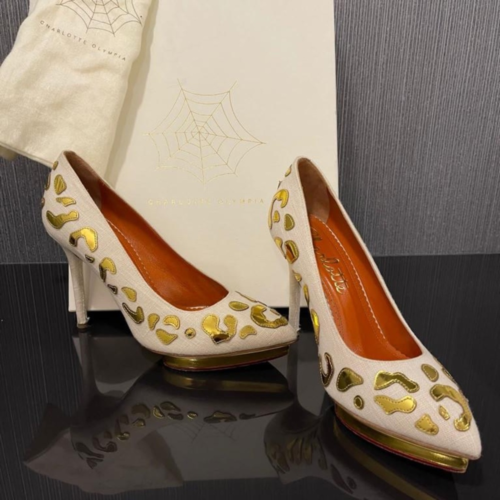 Charlotte Olympia Debbie White Linen and Gold